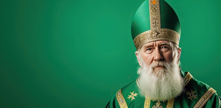 Portrait of an elderly Caucasian man in green bishop's vestments against a green wall. The concept of Saint Patrick's Day.