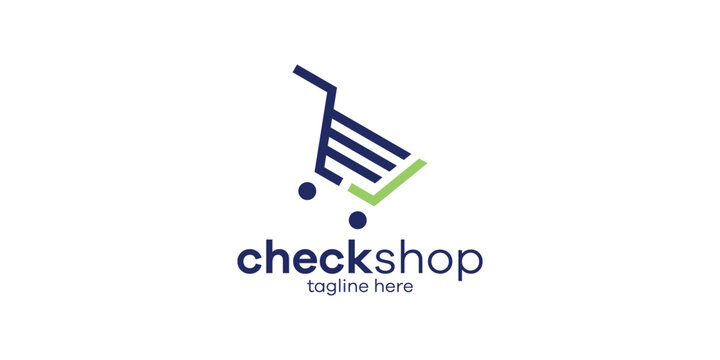 logo design combination of trolley shape with check mark, shopping check logo design.