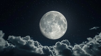 Naklejka na ściany i meble Amazing scenery of white glowing moon with craters in black sky with clouds at night