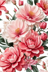 Pink flowers pattern on white background. Floral poster, illustration. Floral card. Wallpaper.