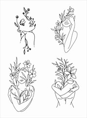 Feminine lady body face with flowers vector SVG outline