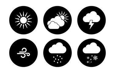 Weather icon set in black and white color. Weather icon set in black color. Sunny, cloudy, windy, winter, rainy season weather icon collection - Vector Icon