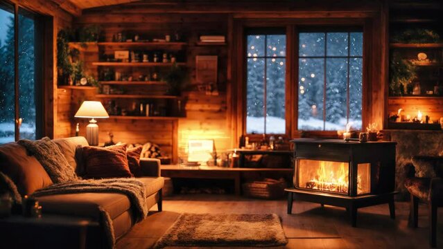 luxury vacation idea for programmer, In a living room with a portable fireplace,  winter forest view with snow falling outside. using modern computer to write codes. Candles light up the warm.