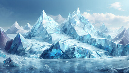 Illustration of a frosty ice mountain shining by the sunlight. Landscape, Concept, Creative, Mountains