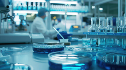 Researchers in a lab environment with petri dishes and pharmaceutical tools, driving scientific innovation.