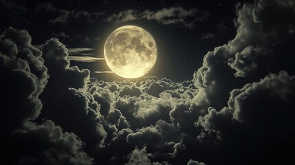 Amazing scenery of white glowing moon with craters in black sky with clouds at night - obrazy, fototapety, plakaty