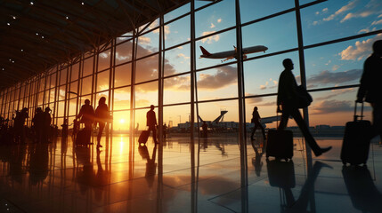 Airport terminal during sunset with passengers silhouetted against the bright windows