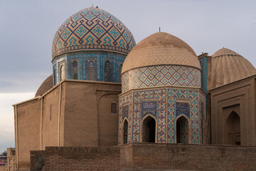 Fototapeta na wymiar Shirin-Bika-Aka Mausoleum and Octahedron Mausoleum in Shahi-Zinda Memorial Complex, Samarkand, Uzbekistan