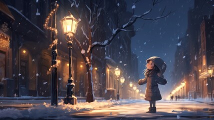Cartoon illustration of little girl playing outdoors under sidewalk lights in winter, wearing a...