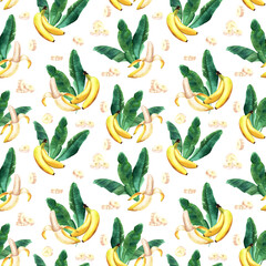 Watercolor seamless pattern with banana tree leaves and edible peeled sliced yellow fruit banana. Hand drawn illustration isolated on white background. For wrapping wallpaper fabric textile.