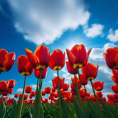 Field with red tulips, bottom view, blue sky
