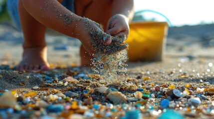 A child's hand picking up microplastics from the sand, with a bucket and shovel in the background, representing the involvement of younger generations in combating pollution.