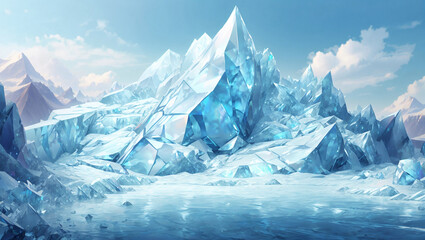 Fototapeta na wymiar Illustration of a frosty ice mountain shining by the sunlight. Landscape, Concept, Creative, Mountains