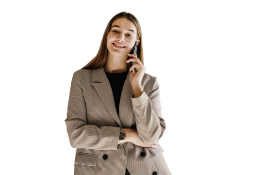 A woman in a jacket is talking on the phone with a colleague. Transparent background, isolated.