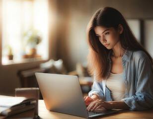 Young Woman Working on Laptop in Sunlit Room
