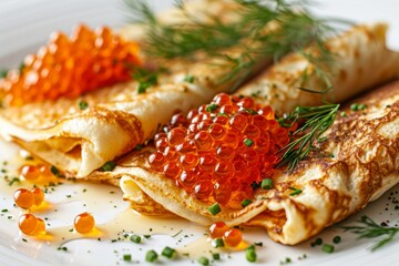Thin pancakes with red caviar, traditional russian food, maslenitsa festival celebration