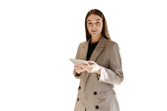 A young female chief executive in the office uses a tablet computer and an application for a new business project. Transparent background, isolated.