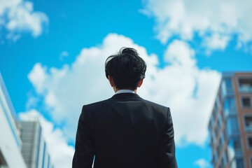 A portrait man with black suit behind looking for town and sky clouds on building top views