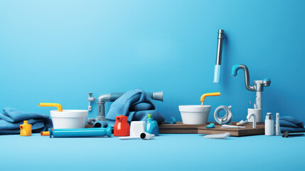 Illustration of cleaning service tools and household sanitation plumbing - obrazy, fototapety, plakaty