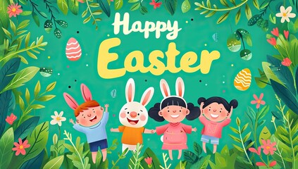 Easter with children in rabbit costumes and decorations. Easter concept.