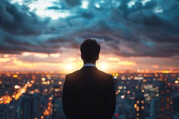 Fototapeta premium A portrait man with black suit behind looking for town and sky clouds on building top views