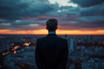 A portrait man with black suit behind looking for town and sky clouds on building top views