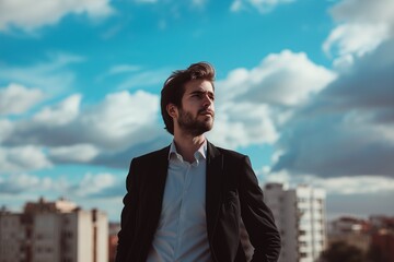 A portrait man with black suit behind looking for town and sky clouds on building top views