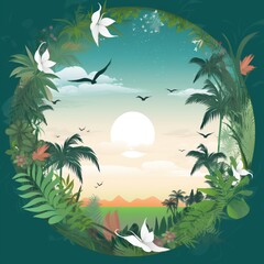 Obraz premium Beautiful tropical green leaves and flower circle border on background