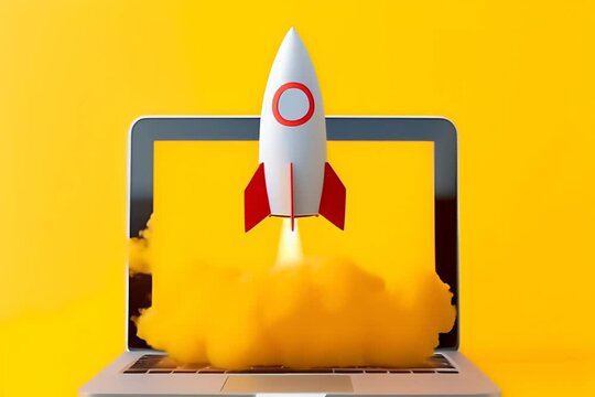 Rocket taking off from laptop screen on yellow background, startup and business concept.