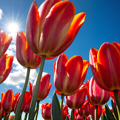 Obraz premium Field with red tulips, bottom view, blue sky 