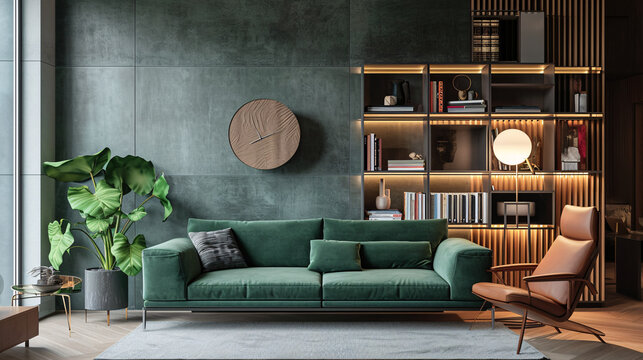 Modern living room with green sofa and chairs.