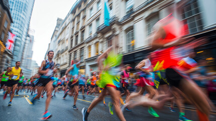 Runners in a city marathon. A group of people running in a run contest. Urban city life. Motion blur image
