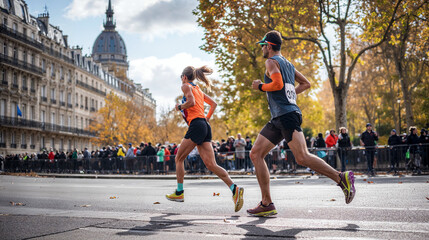 Obraz premium Young couple running in a city marathon. A group of people running in a run contest. Urban city life. Healthy Living in Fitness Community