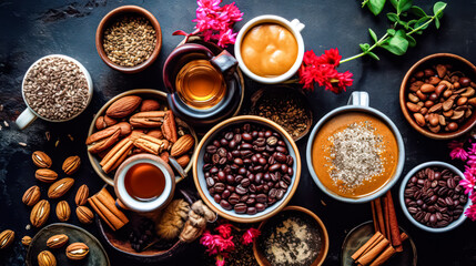 Delve into a top view spice symphony, where an assortment of flavorful seasonings is elegantly arranged in cups. A captivating and aromatic culinary background.