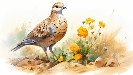 Beautiful watercolor dove bird on flowers painting illustration background
