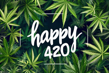 Happy 420 text font on a green background with cannabis plants