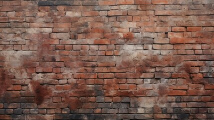 Close up view of worn red brick wall covered in moss, old house building. - obrazy, fototapety, plakaty