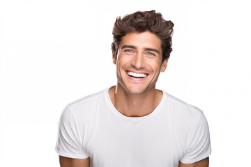Fototapeta premium Photo of a handsome young man model with perfect clean teeth laughing and smiling.