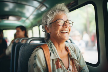 Mature woman smiling in the bus - obrazy, fototapety, plakaty