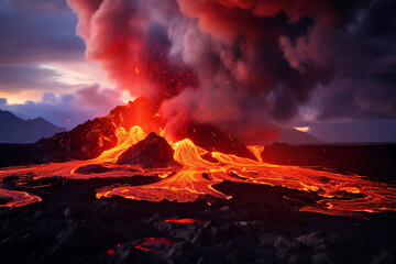 Lava is flowing from the volcano. Volcano eruption concept.  Natural disaster
