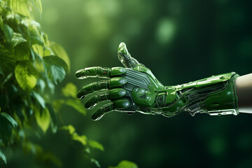 Robot hand touches a green tree. Future concept technology food science