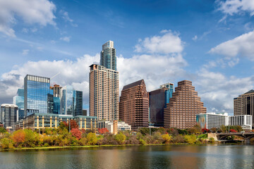 Austin downtown skyline on the Colorado River in Austin, Texas, USA.