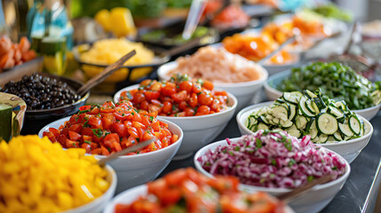 Assorted fresh salads on a buffet spread.