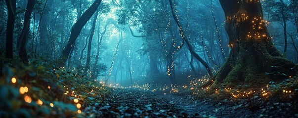 Panorama of the forest at night There is a beautiful sparkling light of fireflies.