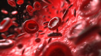 Close-up of red blood cells in motion.