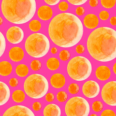 Seamless pattern of watercolor Peach circles, dots. Hand drawn illustration. Hand painted elements on pink  background. Abstract art. For prints, wrapping paper, fabric design, packaging, wallpaper.