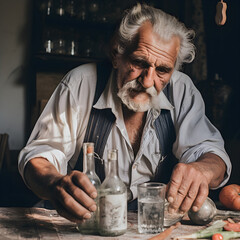 Expresive old Romanian man from countryside, preparing spirits beverages in old antique bottles. He looks wise, has white hair and white beard and moustache. 