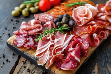 Assortment , sliced meat appetizer, prosciutto, salami and ham, with olives