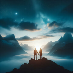 Silhouette of a couple holding hands on top of a mountain