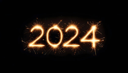 2024 written in gold sparkler firework text, isolated on a blank white background